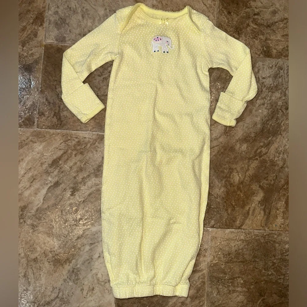 Carter’s baby girl sleeper nightgown pastel yellow white polka dots elephant